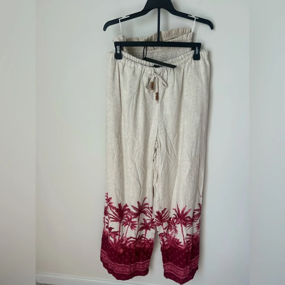 Beige pink palm tree print tube top & wide leg pants two piece set